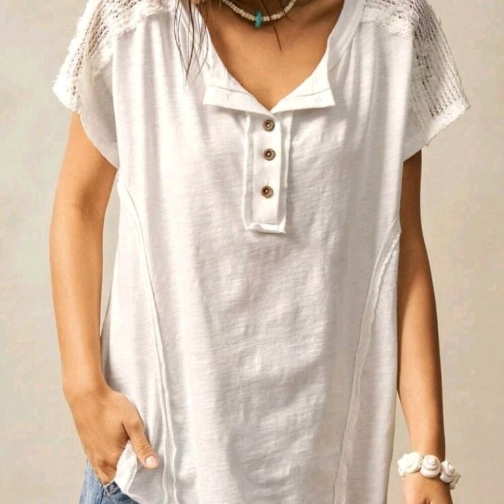 Bohemela Henley Short Sleeve Top Applique Womens XL White NWOT